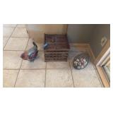 Handmade folk-art metal rooster, crate, basket