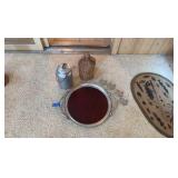 Vintage Hammered coaster. woven demijohn flask, Buenilum Micarta tray