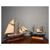 Pair of Nautical Ship Models – Classic Sailing Schooner & Fishing Boat Display
