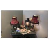 (2) Boho table lamps, chamber candlestick holder, lantern