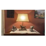 Dog figural table lamp; (2) dog figurines