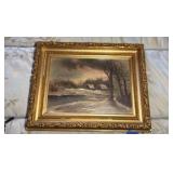 Ornate framed oil painting of a winter setting, signed