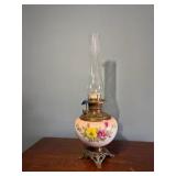 Antique oil lamp with handpainted base and chimney