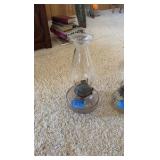 (2) Vintage oil lamps, cobalt blue jar, glass chimney