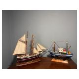 Pair of Nautical Ship Models – Classic Sailing Schooner & Fishing Boat Display