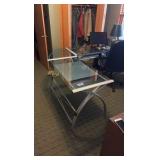 L-Shaped glass desk, chair, and 2 filing cabinets