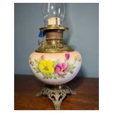 Antique oil lamp with handpainted base and chimney