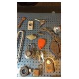 Assorted metal items. brass locks and keys etc.