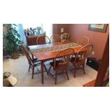 Dining wood table with 6 spindle back chairs L66” x D44” x H30”