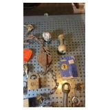 Assorted metal items. brass locks and keys etc.