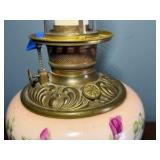Antique oil lamp with handpainted base and chimney