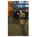 L-Shaped glass desk, chair, and 2 filing cabinets