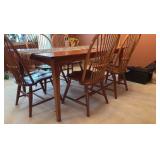 Dining wood table with 6 spindle back chairs L66” x D44” x H30”