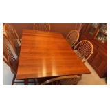 Dining wood table with 6 spindle back chairs L66” x D44” x H30”