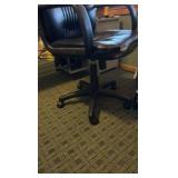 L-Shaped glass desk, chair, and 2 filing cabinets
