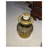 Antique oil lamp with handpainted base and chimney
