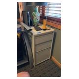 L-Shaped glass desk, chair, and 2 filing cabinets
