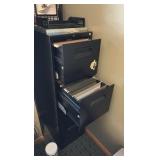 L-Shaped glass desk, chair, and 2 filing cabinets
