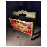 Ornate Red & Gold Magazine Rack and Pedestal Table (Lot of 2)