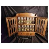 Vintage Wooden Spice Cabinet with 12 Bottles