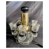 Brass-Tone Decanter With 6 Glass Cordials