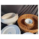 Assorted Dinnerware & Serveware in Storage Tote (Approx. 30 Pieces)