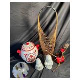Decorative Ceramic Jar, Vino Bottle, Figural Pieces & Wicker Holder (Lot of 6)