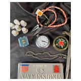 Mixed Lot of Navy Insignia Book, Scissors, Jewelry & Collectibles