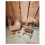 Wicker Baby Carriage & Painted Wooden Rocking Chair