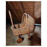 Wicker Baby Carriage & Painted Wooden Rocking Chair