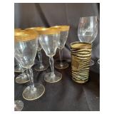 Mixed Glassware Set with Gold Rimmed Goblets & Leopard Tumblers (Lot of 19)