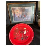 The Wooden Bird Framed Print & Red Decorative Plate (Lot of 2)