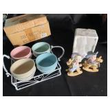 Pastel Ceramic Bowl Set with Cowboy Figurines & Basket Carrier (Lot of 7)