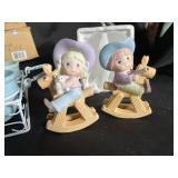 Pastel Ceramic Bowl Set with Cowboy Figurines & Basket Carrier (Lot of 7)