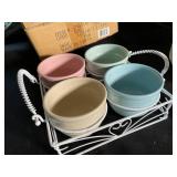 Pastel Ceramic Bowl Set with Cowboy Figurines & Basket Carrier (Lot of 7)