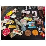 Mixed Lot of Advertising Pins, Novelty Items & Display Boxes