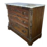 LL - Vintage Marble-Top Dresser with Carved Floral Front
