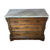 LL - Vintage Marble-Top Dresser with Carved Floral Front