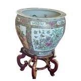 LR - Vintage Famille Rose Porcelain Jardiniere Fishbowl With Wooden Stand