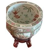 LR - Vintage Famille Rose Porcelain Jardiniere Fishbowl With Wooden Stand
