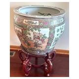 LR - Vintage Famille Rose Porcelain Jardiniere Fishbowl With Wooden Stand