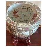 LR - Vintage Famille Rose Porcelain Jardiniere Fishbowl With Wooden Stand