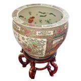 LR - Vintage Famille Rose Porcelain Jardiniere Fishbowl With Wooden Stand