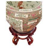 LR - Vintage Famille Rose Porcelain Jardiniere Fishbowl With Wooden Stand