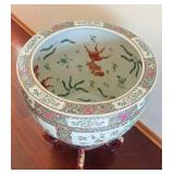 LR - Vintage Famille Rose Porcelain Jardiniere Fishbowl With Wooden Stand