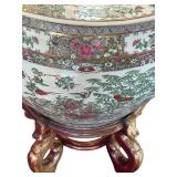 LR - Vintage Famille Rose Porcelain Jardiniere Fishbowl With Wooden Stand