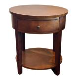 BR1 - Round Wood End Table with Drawer & Shelf