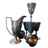 BR1 - Vintage Silver Plate Pitcher & Goblets (Lot of 6)