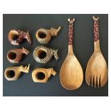 LR - Wooden Safari Animal Napkin Rings & Serving Utensils (Lot of 10)