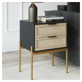Nathan James Andrew 19 in. W Black Rattan End or Side Table with Storage Doors and Gold Accents for Bedroom or Living Room